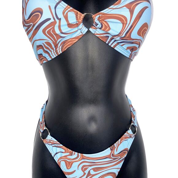 New Small Blue Brown‎ Swirl Bikini O Ring Triangle Padded Top Swimsuit Y2k 90s - Picture 5 of 6